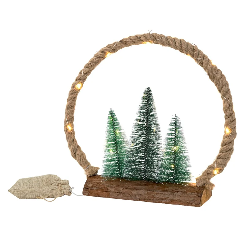 ECD Germany | LED Jute Kreis aus Seil Weihnachtsdeko mit warmweißen LEDs 3 Tannen Jutesäckchen Batteriebetrieb mit Timer