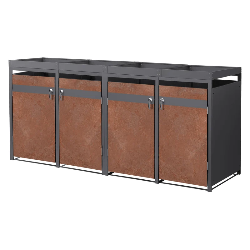 Mülltonnenbox mit Pflanzdach 4er bis 240L 264x80x124 cm aus Stahl in Rostoptik ML-Design