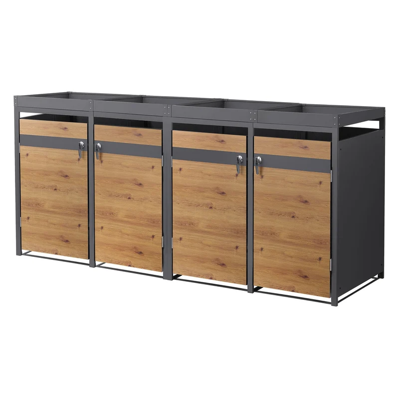 Mülltonnenbox mit Pflanzdach 4er bis 240L 264x80x124 cm aus Stahl in Eichenoptik ML-Design