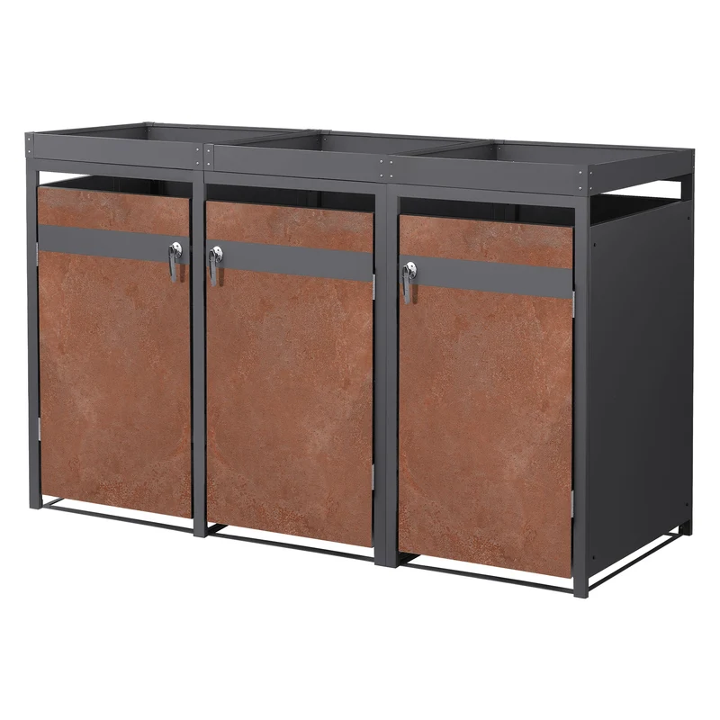 Mülltonnenbox mit Pflanzdach 3er bis 240L 200x80x124 cm aus Stahl in Rostoptik ML-Design