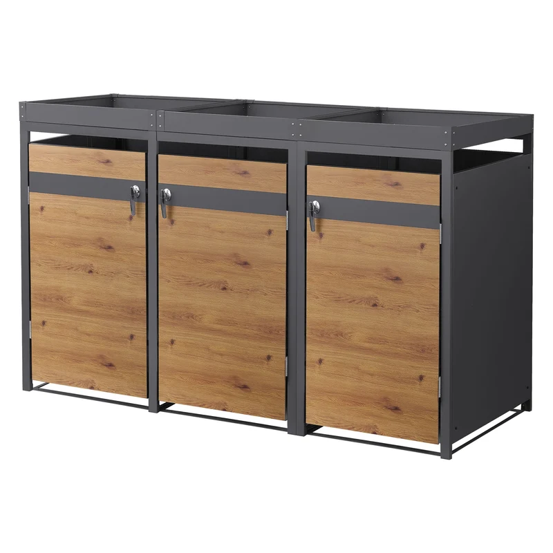 Mülltonnenbox mit Pflanzdach 3er bis 240L 200x80x124 cm aus Stahl in Eichenoptik ML-Design