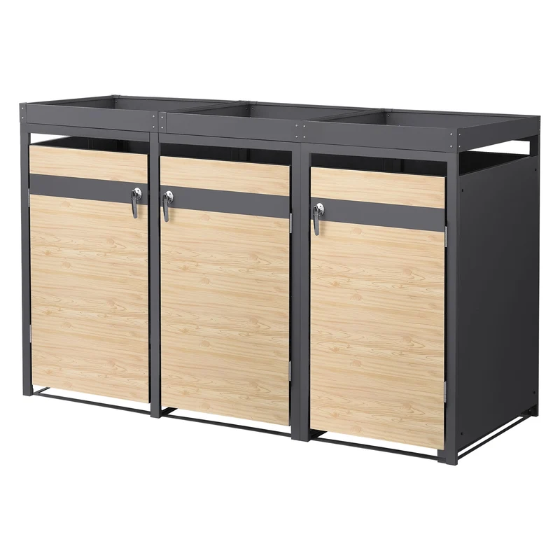 Mülltonnenbox mit Pflanzdach 3er bis 240L 200x80x124 cm aus Stahl in Lärchenoptik ML-Design