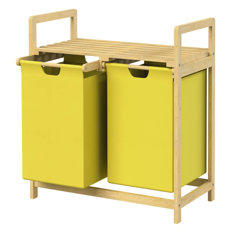ML-DESIGN | Wäschekorb 2 Fächer 73x63x33 cm aus Bambus Gelb Wäschesammler 2x30L Wäschesortierer mit Ablage Wäschebox für Badezimmer/Waschküche