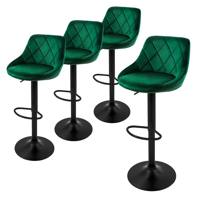 4er Set Barhocker Grün Samtbezug mit Rückenlehne und Fußstütze höhenverstellbar 62-82cm ML-Design