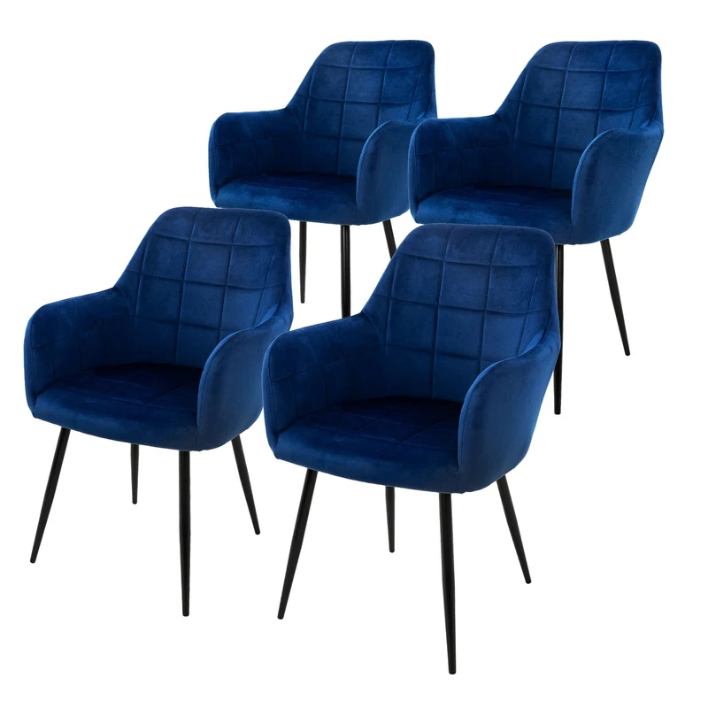 Esszimmerstuhl 4er Set Quadrat Steppung mit Rücken- und Armlehnen Dunkelblau Küchenstuhl mit Microfaser-Samtbezug ML-Design