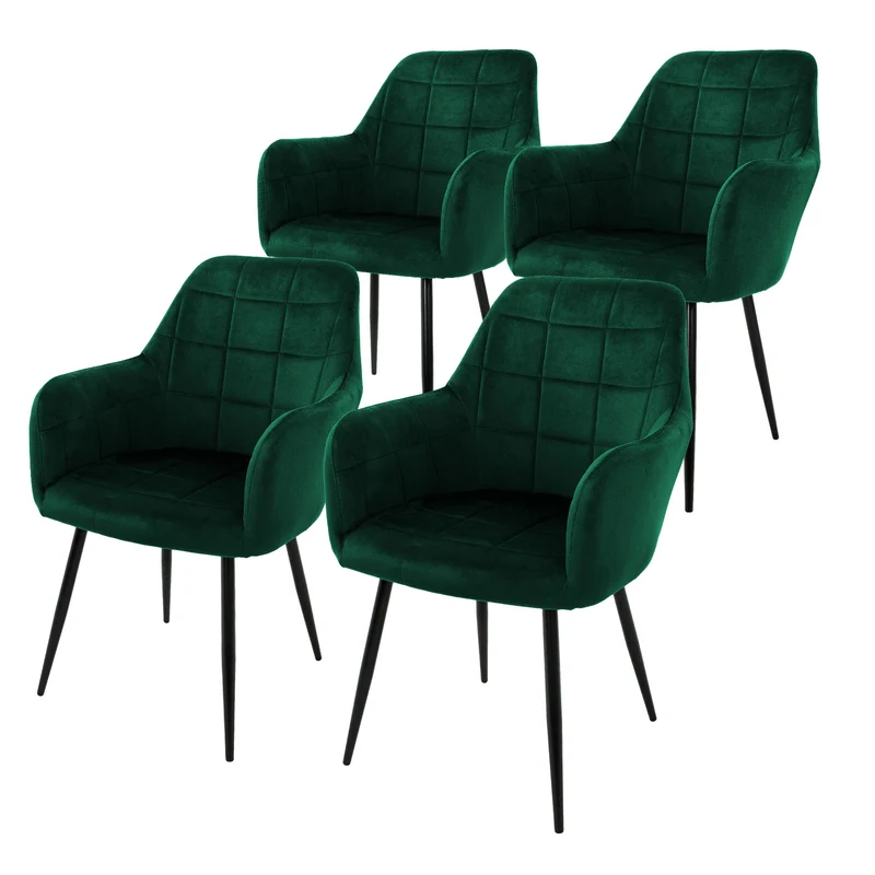 Esszimmerstuhl 4er Set Quadrat Steppung mit Rücken- und Armlehnen Dunkelgrün Küchenstuhl mit Microfaser-Samtbezug ML-Design