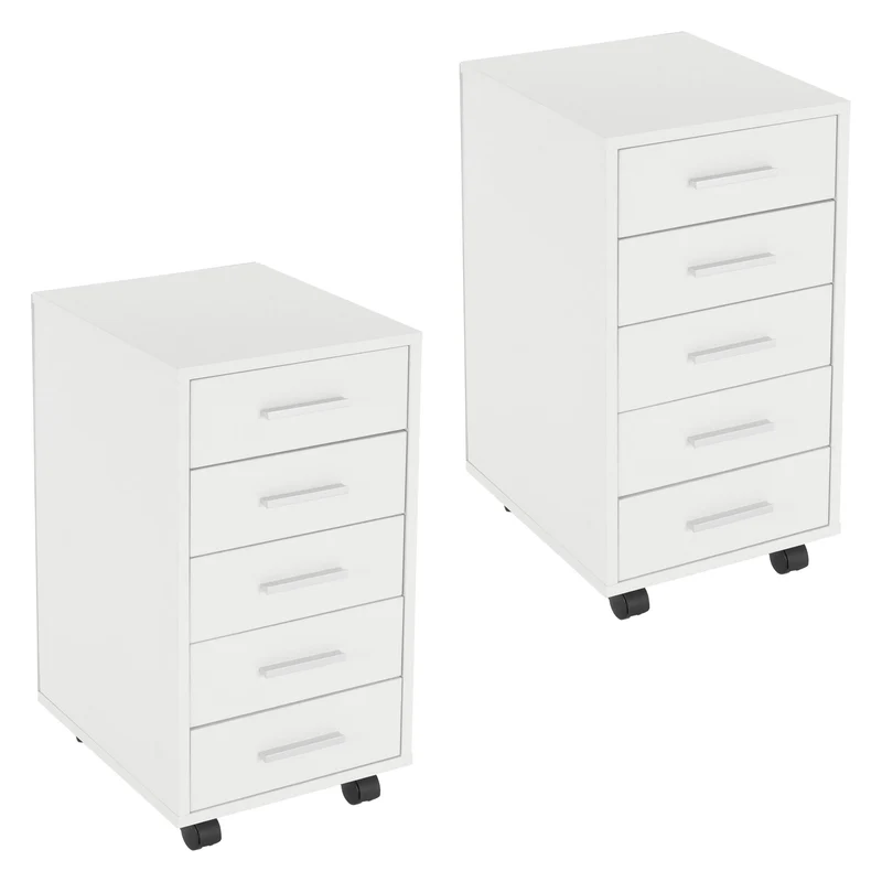 2er Set Rollcontainer, mobiler Aktenschrank, 33x38x63,5 cm, Büroschrank mit 5 Schubladen, Lagerschrank für Büro & Homeoffice ML-Design