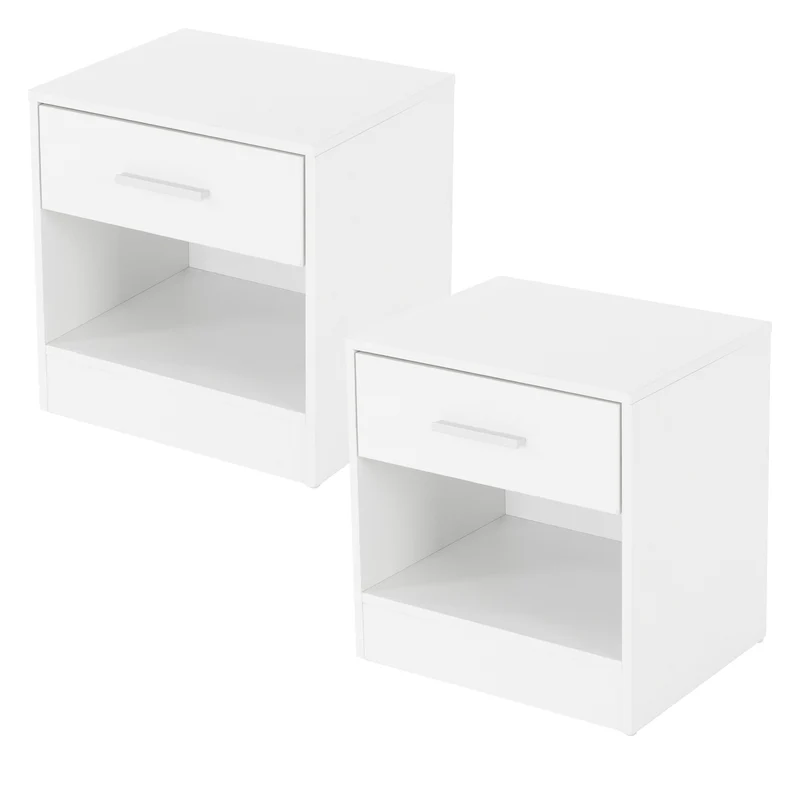 2er Set Nachttisch mit Schublade und offenem Fach 36.5x38.5x30 cm Weiß aus Holz ML-Design