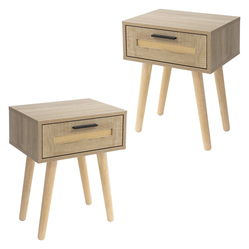 Nachttisch 2er Set 40x50,5x30 cm Eiche-Optik Beistelltisch mit Rattanfront & Massivholzfüßen ML-Design
