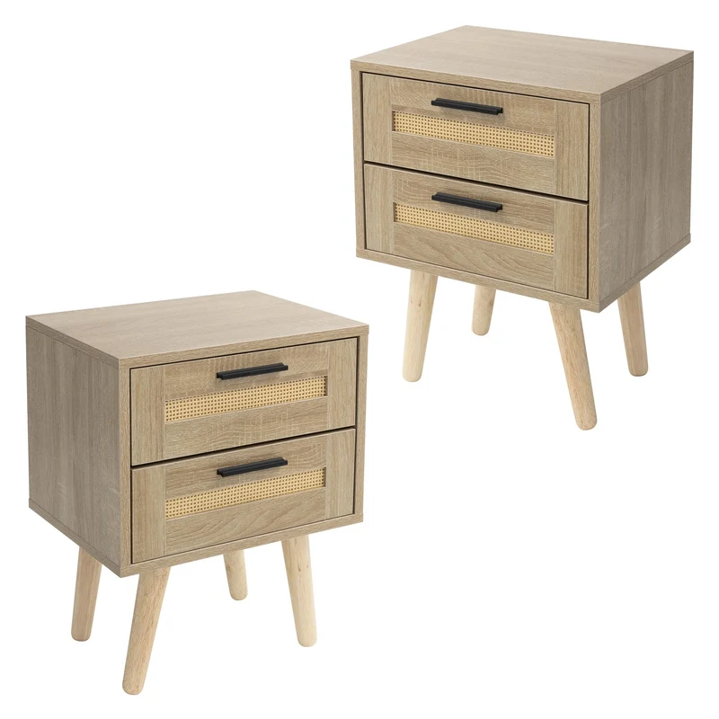 Nachttisch 2er Set 40x50,5x30 cm Eiche-Optik Beistelltisch mit 2 Schubladen und Rattanfront & Massivholzfüßen ML-Design