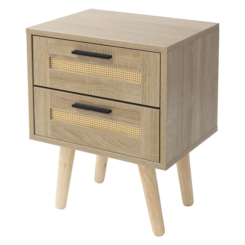 Nachttisch 40x50,5x30 cm Eiche-Optik Beistelltisch mit 2 Schubladen und Rattanfront & Massivholzfüßen ML-Design