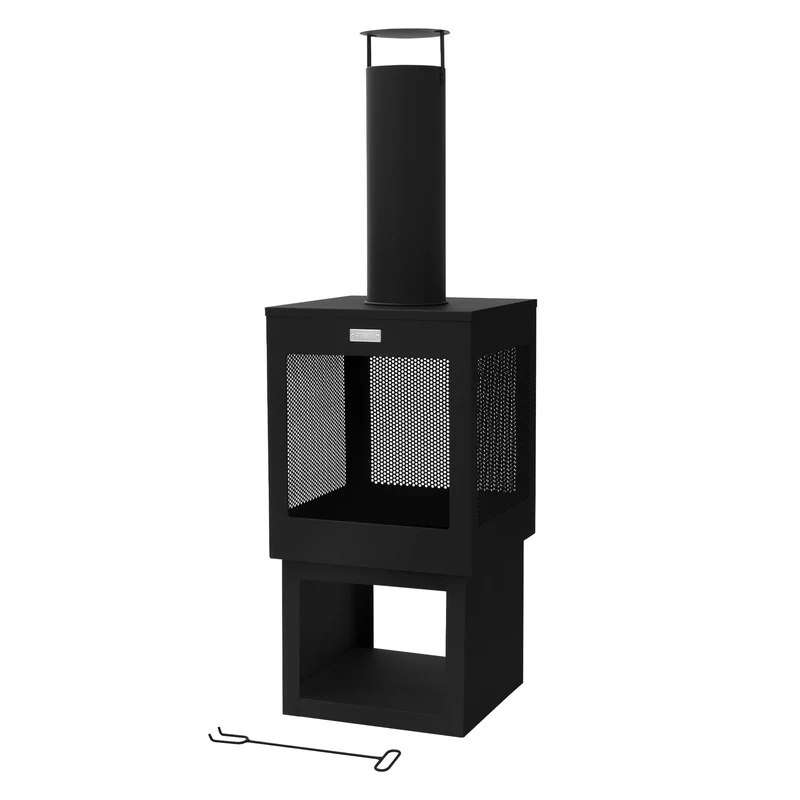 Gartenkamin mit Schornstein 128x40 cm eckig Schwarz Stahl Outdoor Terrassenofen mit Schürhaken abnehmbarem Dach ML-Design