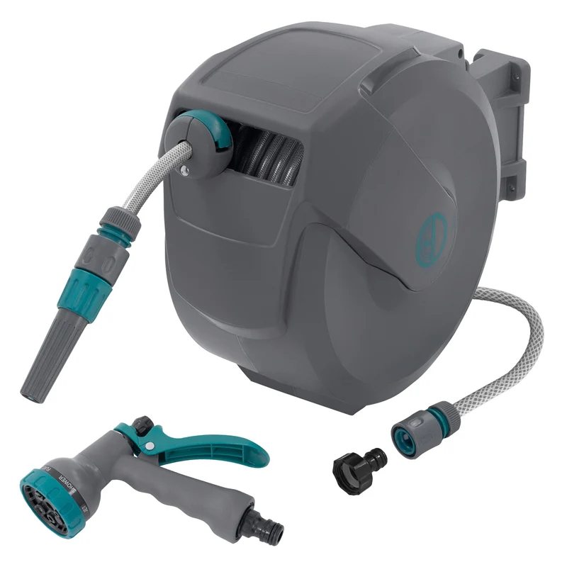 ECD Germany | Schlauchaufroller mit Arretierstop und 9 Sprühfunktionen 180° Schwenkbar, 15/20/30m, Schlauchtrommel Wand-Schlauchbox RollUp