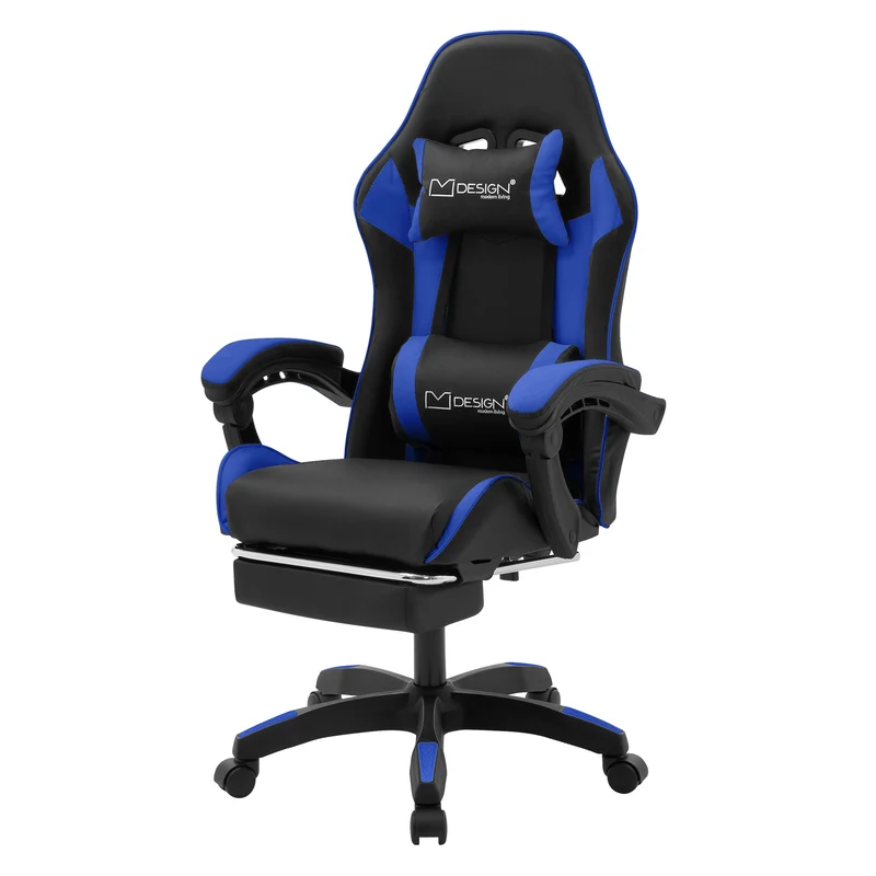 Gaming Stuhl mit Fußstütze und Armlehne Schwarz-Blau, aus Kunstleder ML-Design