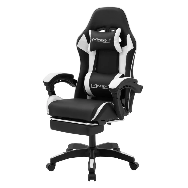 Gaming Stuhl mit Fußstütze und Armlehne Schwarz-Weiß, aus Kunstleder ML-Design