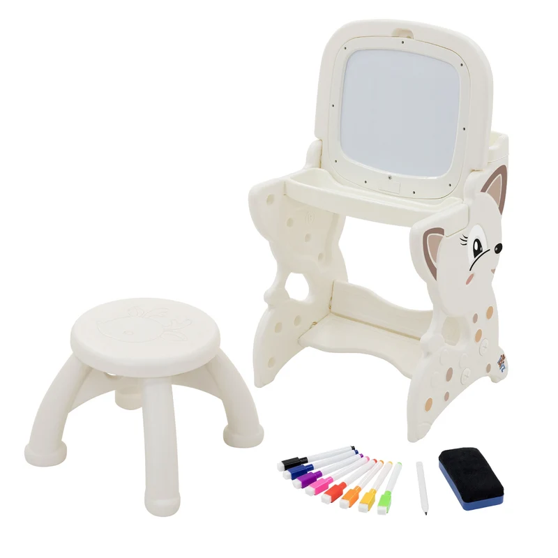 Kindersitzgruppe 3in1 Spieltisch mit 2 Tafeln Kinderhocker und Zubehör Weiß/Creme Joyz