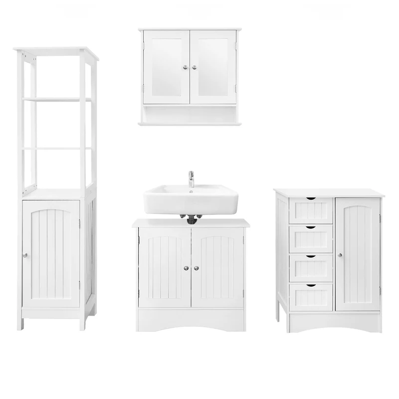 Badmöbel 4er Set Weiß inkl. Montagematerial und Spiegelschrank, Doppelkommode ML-Design