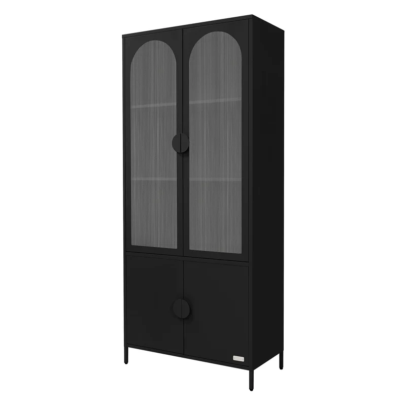 Vitrinenschrank 80x185x40 cm Schwarz mit 4 Ablage-/Regalfächer & 4 Türen Vitrine aus Stahl ML-Design