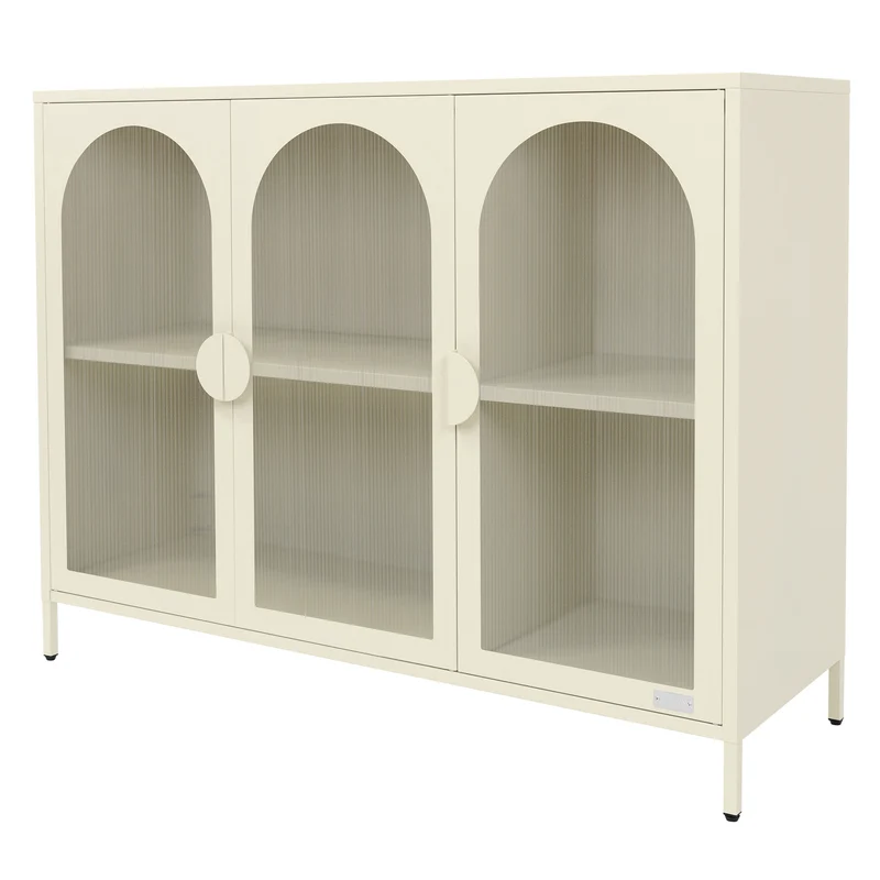 Vitrinenschrank 120x93x40 cm Vitrine mit 4 Ablage-/Regalfächer Creme aus Stahl ML-Design