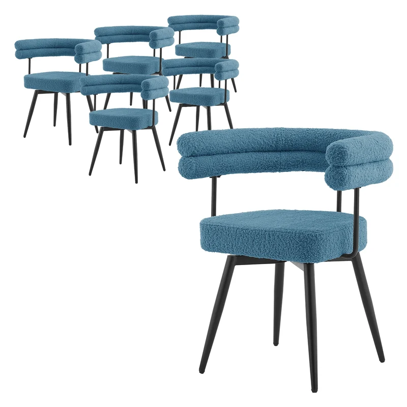 6er Set Esszimmerstühle 360° drehbar in Blau Teddy-Stoff mit Arm- und Rückenlehnen Küchenstuhl ML-Design