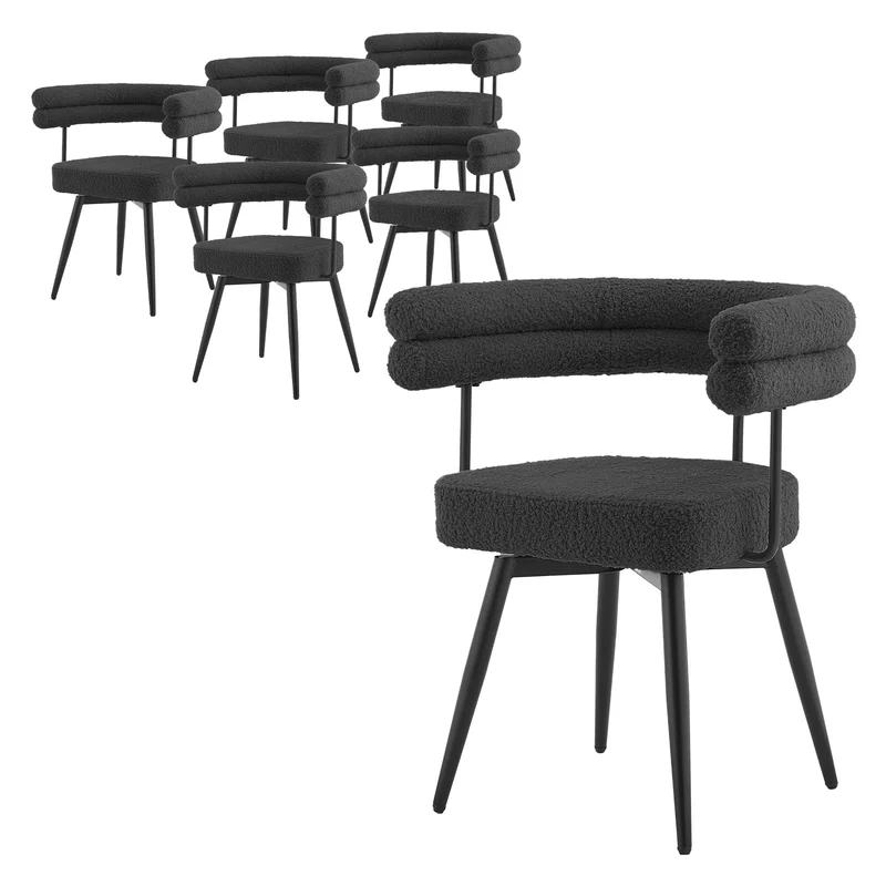 6er Set Esszimmerstühle 360° drehbar in Dunkelgrau Teddy-Stoff mit Arm- und Rückenlehnen Küchenstuhl ML-Design