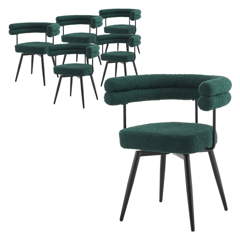 6er Set Esszimmerstühle 360° drehbar in Dunkelgrün Teddy-Stoff mit Arm- und Rückenlehnen Küchenstuhl ML-Design