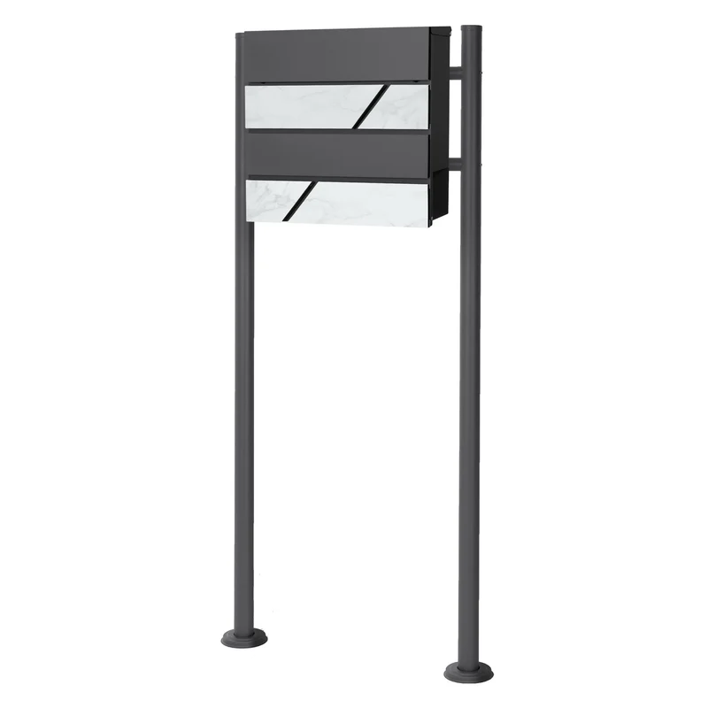 Standbriefkasten mit Zeitungsfach 37x37x11 cm Anthrazit/Weiß-Marmoroptik aus Stahl inkl. Ständer Anthrazit 120cm hoch ML-Design