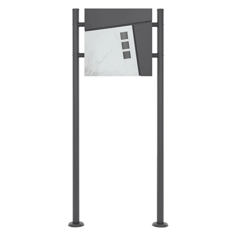 Standbriefkasten mit Zeitungsfach 37x36,5x11 cm Anthrazit/Weiß-Marmoroptik aus Stahl ML-Design, Modernes Asymetrisches Design, Standhöhe 120cm Anthrazit Doppelfuß