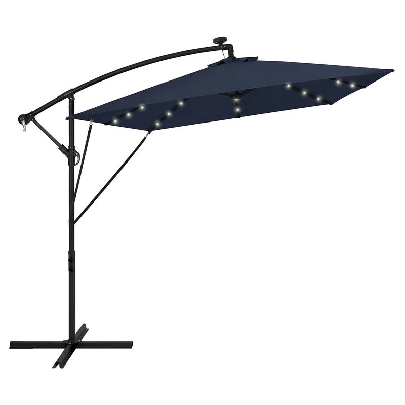 Ampelschirm Ø 330 cm mit LED Solar Navy-Blau 360° Alu Rechteckig Sonnenschirm mit Kurbel, Abdeckung & Ständer ML-Design