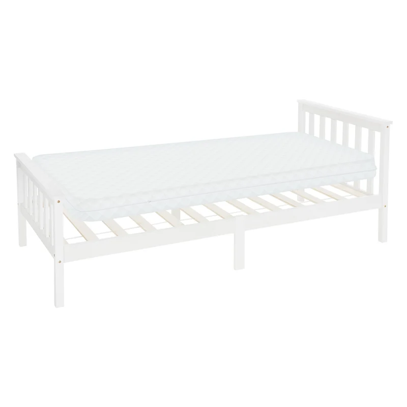 Bettgestell Einzelbett 90x200cm aus Kiefernholz in Weiß Lattenrost & Matratze H-10cm ML-Design