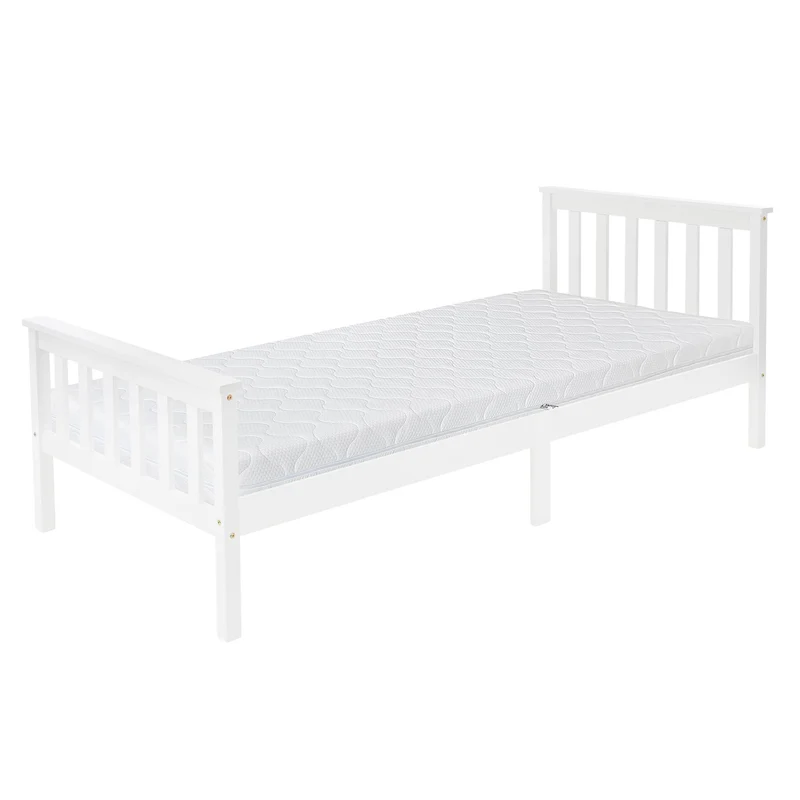 Bettgestell Einzelbett 90x200cm aus Kiefernholz in Weiß Lattenrost & Matratze H-16cm ML-Design