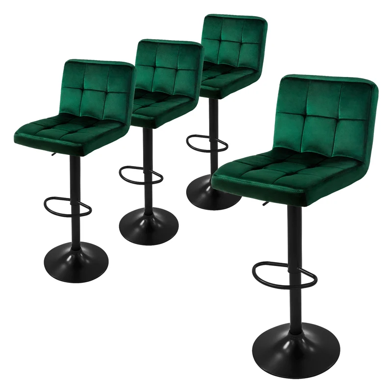 Barhocker 4er Set Grün Samtbezug mit Rückenlehne und Fußstütze höhenverstellbar 63-83cm ML-Design