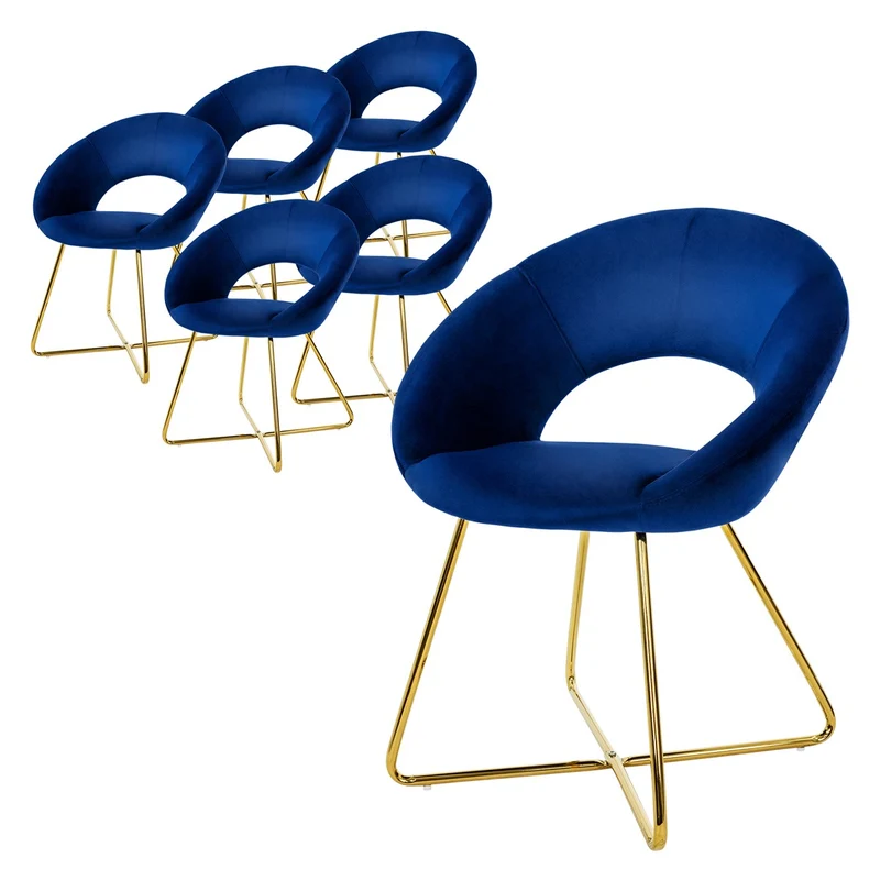 Esszimmerstuhl 6er Set mit runder Rückenlehne Blau aus Samt mit goldenen Metallbeinen ML-Design