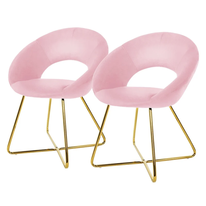 2er Set Esszimmerstuhl mit runder offener Rückenlehne Rosa aus Samt mit goldenen Metallbeinen ML-Design