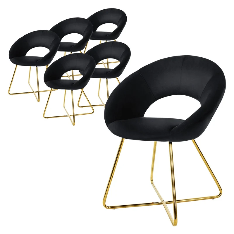 6er Set Esszimmerstuhl mit runder offener Rückenlehne Schwarz aus Samt mit goldenen Metallbeinen ML-Design