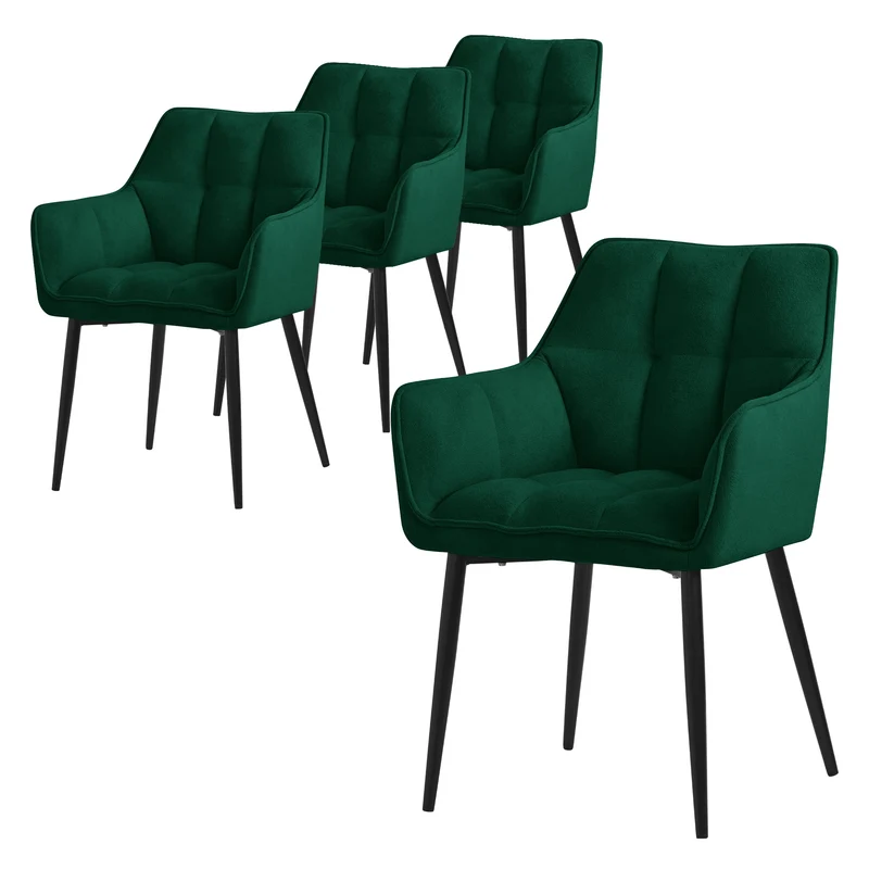 4er Set Esszimmerstuhl Dunkelgrün aus Frotteestoff mit dickem gepolsterter Sitz ML-Design