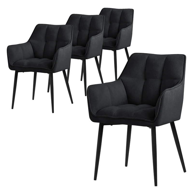 4er Set Esszimmerstuhl Schwarz aus Frotteestoff mit dickem gepolsterter Sitz ML-Design