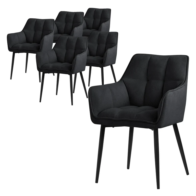 6er Set Esszimmerstuhl Schwarz aus Frotteestoff mit dickem gepolsterter Sitz ML-Design