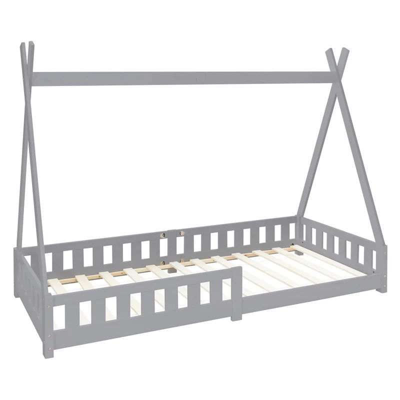 Kinderbett Tipi 90x200 cm Hellgrau aus Kiefernholz mit Rausfallschutz und Lattenrost Holzbett ML-Design