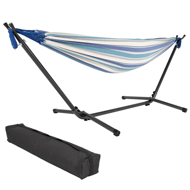 Hängematte XXL Blau/Weiß 275x110x98 cm mit Gestell aus Polyester-Baumwolle maximal belastbar 200kg ML-Design