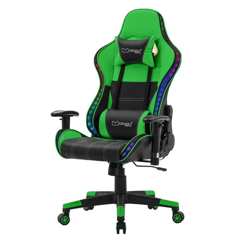 Gamingstuhl mit RGB Beleuchtung & Bluetoothboxen Schwarz/Grün aus Kunstleder ML-Design