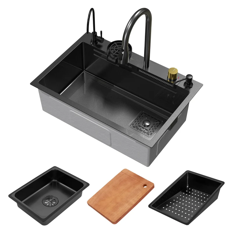 Einbauspüle mit Wasserhahn Komplett Set 8-teilig Anthrazit 68x46 cm aus Edelstahl ML-Design