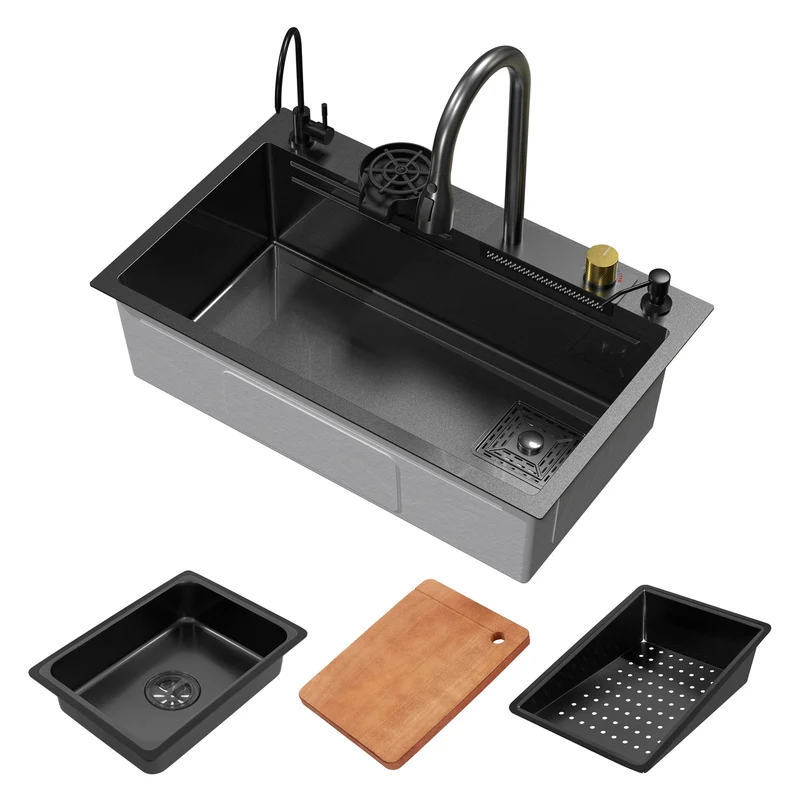 Einbauspüle mit Wasserhahn Komplett Set 8-teilig Anthrazit 75x46 cm aus Edelstahl ML-Design