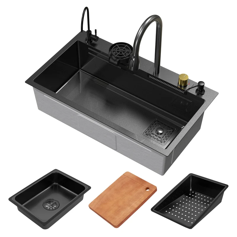 Einbauspüle mit Wasserhahn Komplett Set 8-teilig Anthrazit 80x46 cm aus Edelstahl ML-Design