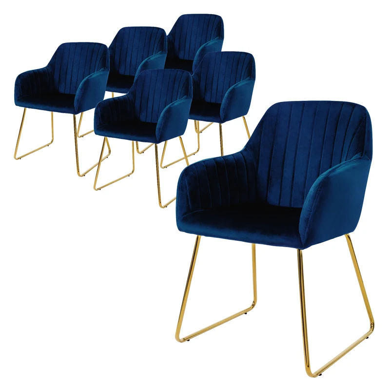 Esszimmerstuhl 6er Set Linierte Steppung mit Rücken- und Armlehnen Blau Küchenstuhl mit Microfaser-Samtbezug & goldene Metallbeine ML-Design