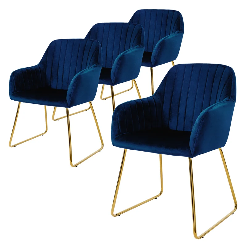 Esszimmerstuhl 4er Set Linierte Steppung mit Rücken- und Armlehnen Blau Küchenstuhl mit Microfaser-Samtbezug & goldenen Metallbeinen ML-Design