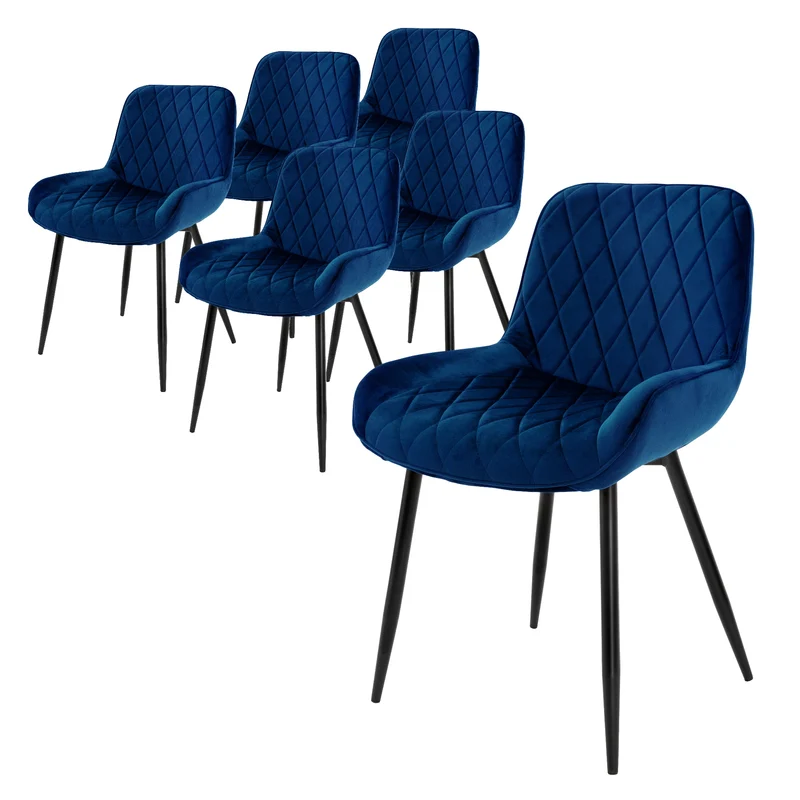 Esszimmerstuhl mit Rauten Steppung 6er Set Dunkelblau Samtbezug mit Metallbeinen inkl. Montagematerial ML-Design