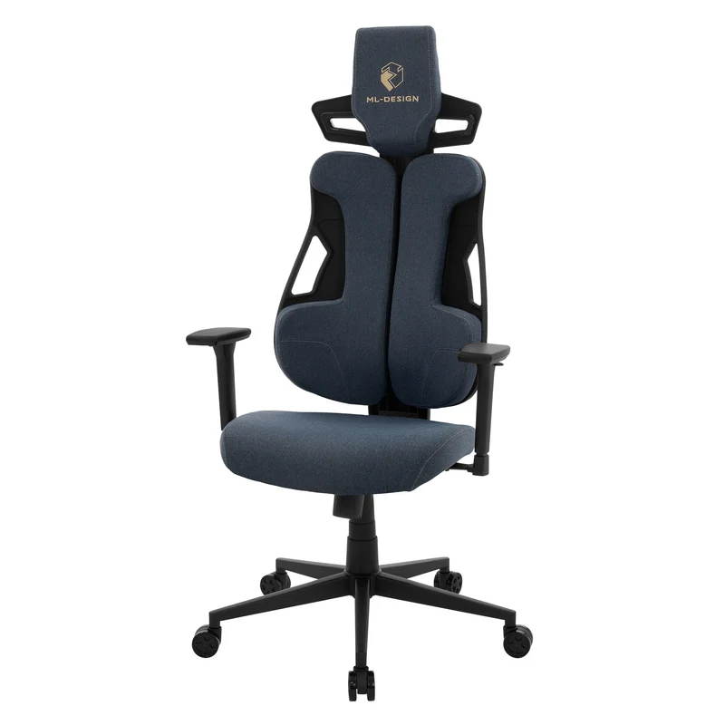 Gaming Stuhl mit Armlehne, Kopfstütze und Lordosenstütze Blau, aus Stoff ML-Design