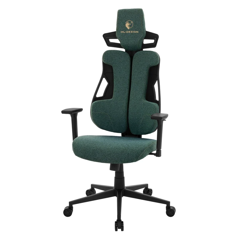 Gaming Stuhl mit Armlehne, Kopfstütze und Lordosenstütze Grün, aus Stoff ML-Design
