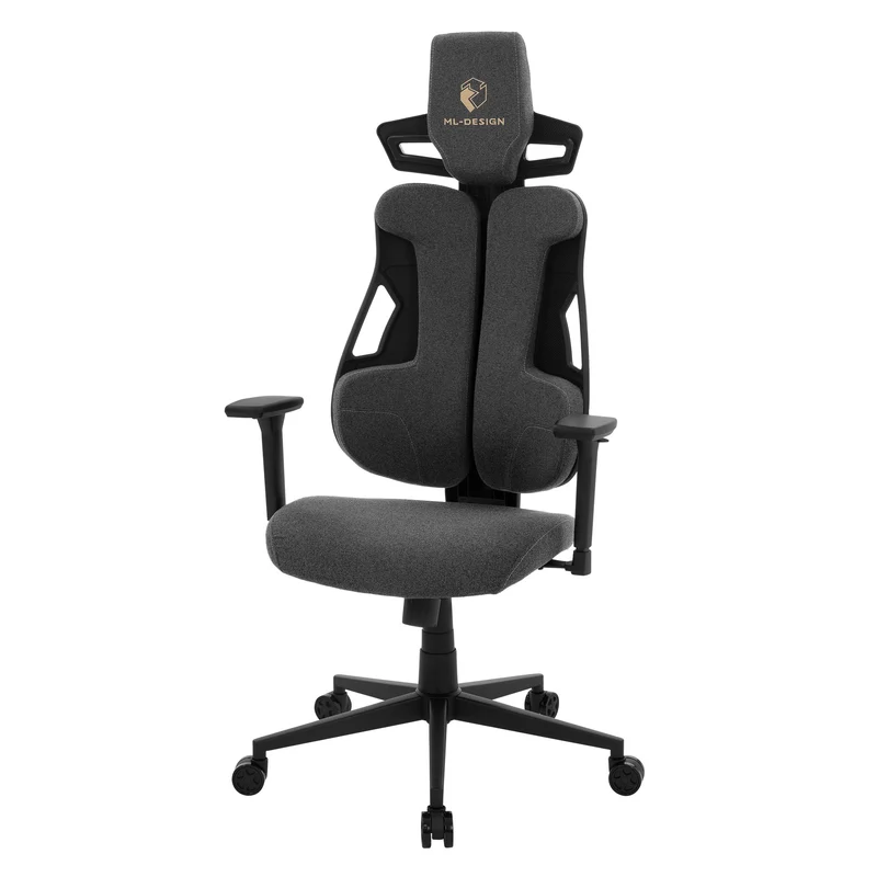 Gaming Stuhl mit Armlehne, Kopfstütze und Lordosenstütze Grau, aus Stoff ML-Design